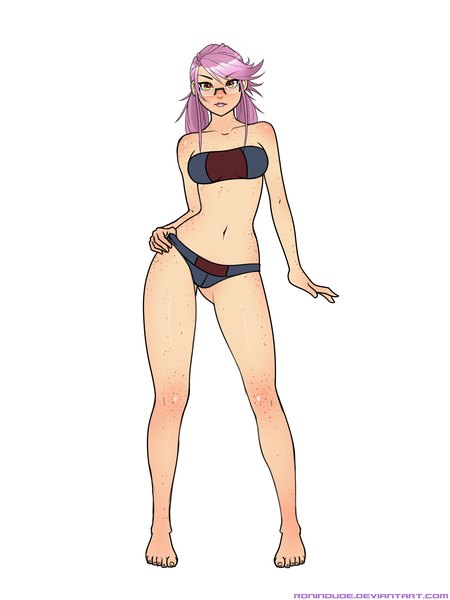 Anime picture 3000x4000 with ronin dude (ray cornwell) single long hair tall image looking at viewer blush highres light erotic simple background white background bare shoulders yellow eyes purple hair lips bare belly legs hand on hip freckles girl navel