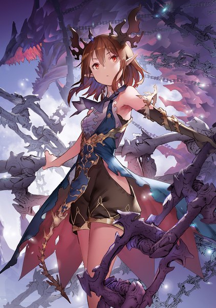 Anime picture 1040x1477 with original mogumo single tall image looking at viewer fringe short hair hair between eyes red eyes brown hair bare shoulders holding looking away horn (horns) pointy ears armpit (armpits) fantasy expressionless girl gloves