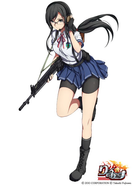 Anime picture 830x1162 with original sblack single long hair tall image black hair simple background white background black eyes hand on headphones girl thighhighs skirt gloves uniform weapon school uniform white thighhighs glasses boots