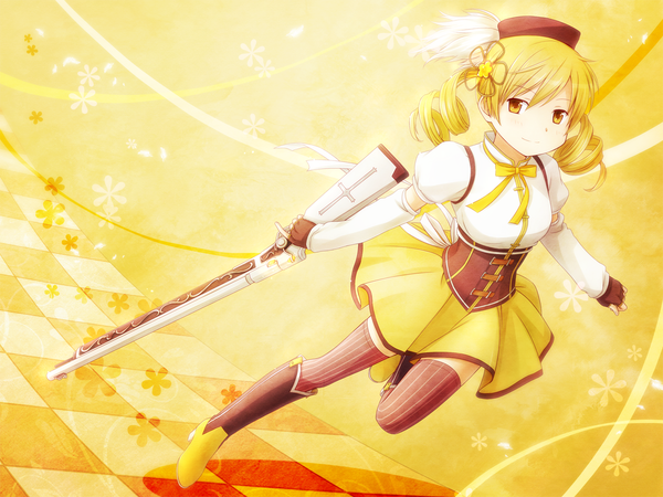 Anime picture 1152x864 with mahou shoujo madoka magica shaft (studio) tomoe mami arya (artist) single long hair blonde hair smile yellow eyes drill hair checkered floor girl thighhighs ribbon (ribbons) weapon hat detached sleeves headdress bowtie fingerless gloves