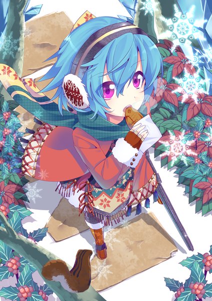 Anime picture 2893x4092 with original nyori tall image highres short hair purple eyes blue hair from above steam girl animal food sweets headphones scarf fingerless gloves leaf (leaves) snowflake (snowflakes) wagashi earmuffs