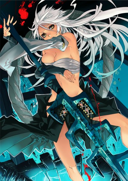 Anime picture 868x1227 with original hato (ryusui) single long hair tall image looking at viewer breasts light erotic yellow eyes white hair bare belly girl skirt navel weapon detached sleeves blood bandage (bandages) huge weapon splashes