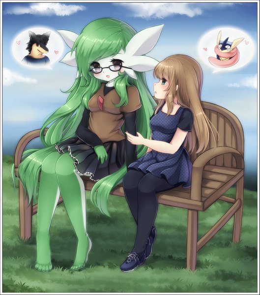 Anime picture 1999x2268 with pokemon nintendo gardevoir typhlosion greninja midna01 long hair tall image blush fringe highres smile red eyes brown hair sitting multiple girls green eyes sky cloud (clouds) very long hair
