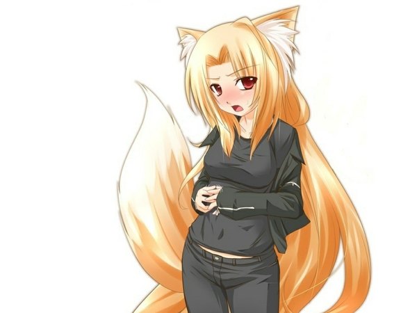 Anime picture 1024x768 with kazami karasu blush red eyes white background animal ears orange hair fox girl jpeg artifacts girl