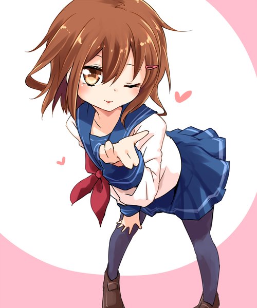 Anime picture 1500x1800 with kantai collection ikazuchi destroyer ayakashi (monkeypanch) single tall image looking at viewer blush fringe short hair simple background brown hair white background brown eyes pleated skirt one eye closed light smile wink blown kiss girl skirt