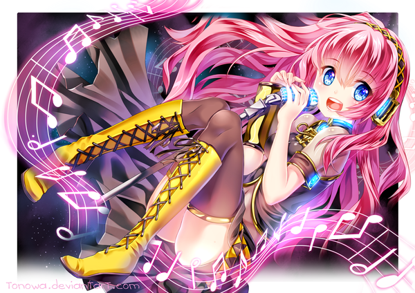 Anime picture 1402x992 with vocaloid megurine luka tonowa (nowayout2012) single long hair blush open mouth blue eyes light erotic smile pink hair bent knee (knees) singing girl thighhighs skirt black thighhighs boots thigh boots microphone