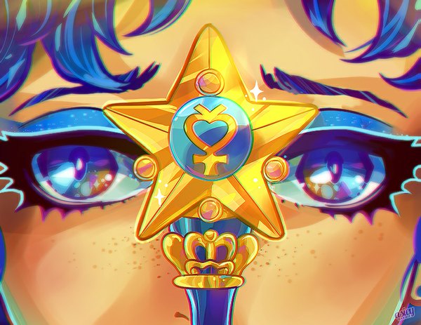 Anime picture 800x618 with bishoujo senshi sailor moon toei animation mizuno ami sailor mercury asieybarbie asia kendrick-horton single looking at viewer blue eyes signed blue hair close-up eyebrows face eyeshadow magical girl freckles eyes girl wand