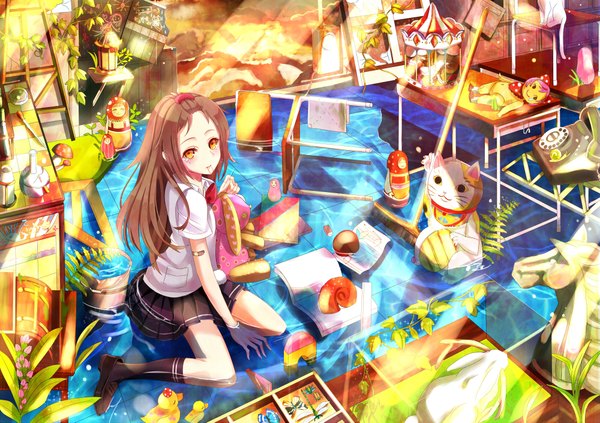 Anime picture 2000x1413 with original yuna (rutera) long hair highres brown hair orange eyes tears detailed girl plant (plants) water serafuku insect butterfly cat chair table bandaid bunny phone