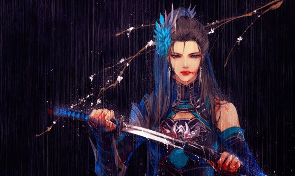 Anime picture 1361x816 with original ibuki satsuki single long hair looking at viewer blue eyes wide image holding traditional clothes rain girl hair ornament flower (flowers) weapon sword katana blood branch scissors