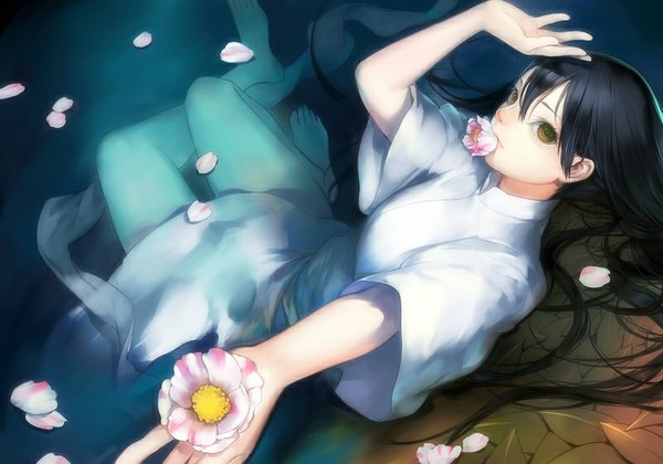 Anime picture 800x561 with original fukawa (pixiv) single long hair fringe breasts black hair holding brown eyes looking away barefoot arm up from above wide sleeves bare legs legs mouth hold outstretched arm flower in mouth girl