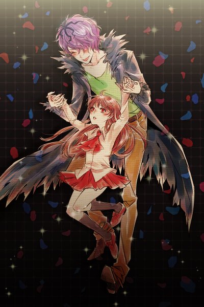 Anime picture 1600x2400 with ib (game) garry (ib) ib (ib) long hair tall image blush fringe short hair open mouth red eyes brown hair purple hair hair over one eye couple holding hands girl boy skirt shirt petals