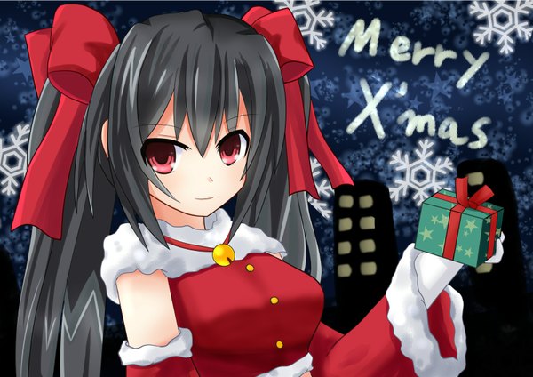 Anime picture 1637x1158 with choujigen game neptune noire sarvuant single long hair looking at viewer black hair red eyes twintails christmas merry christmas girl bow hair bow detached sleeves bell jingle bell gift