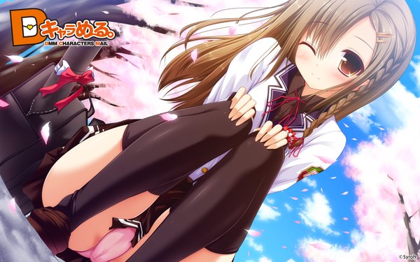 Anime picture 1920x1200 with d chara mail syroh single long hair blush highres light erotic smile brown hair wide image yellow eyes braid (braids) one eye closed wink cherry blossoms pantyshot sitting graduation girl thighhighs skirt