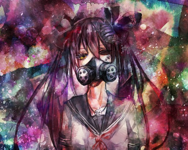 Anime picture 1309x1045 with vocaloid bacterial contamination (vocaloid) hatsune miku calcium wakatsuki you single long hair looking at viewer fringe black hair yellow eyes one eye closed wink girl uniform bow hair bow serafuku pendant insect
