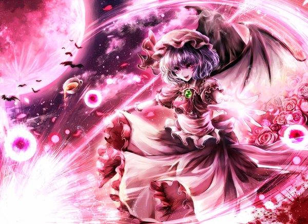 Anime picture 1200x875 with touhou remilia scarlet kotonoman single short hair open mouth red eyes blue hair vampire red moon girl dress flower (flowers) animal wings rose (roses) moon bonnet bat