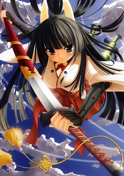 Anime picture 707x1000 with strike witches anabuki tomoko rail (silverbow) single long hair tall image looking at viewer blush black hair sky cloud (clouds) traditional clothes japanese clothes black eyes serious girl bow ribbon (ribbons) weapon hair ribbon