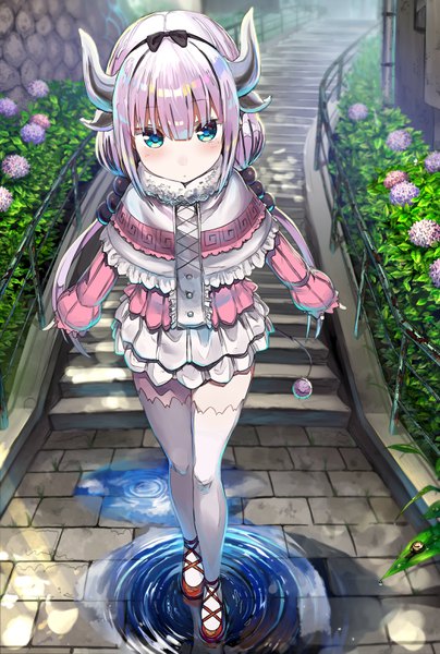 Anime picture 2112x3136 with kobayashi-san chi no maidragon kyoto animation kanna kamui greatmosu single long hair tall image looking at viewer blush fringe highres blue eyes hair between eyes twintails silver hair tail horn (horns) zettai ryouiki low twintails summer