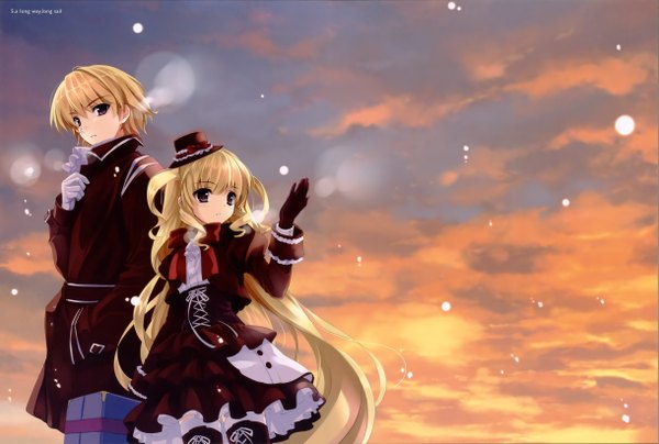 Anime picture 4878x3288 with misaki kurehito long hair highres blonde hair twintails brown eyes absurdres sky cloud (clouds) short twintails snowing exhalation hand in pocket girl dress boy gloves hat suitcase
