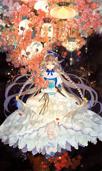 Anime picture 850x1418 with original rei (pixiv4656825) single long hair tall image looking at viewer fringe smile brown hair puffy sleeves traditional media hair bell watercolor (medium) girl dress hair ornament flower (flowers) ribbon (ribbons) petals hairband