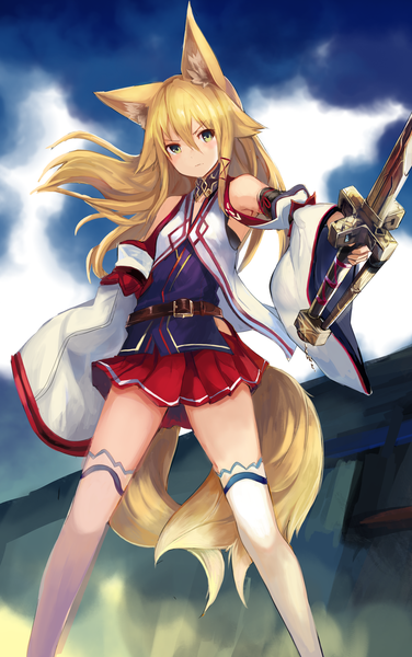 Anime picture 2059x3279 with original kokonoe tsubaki haik single long hair tall image looking at viewer fringe highres blonde hair hair between eyes standing holding green eyes animal ears sky cloud (clouds) tail traditional clothes japanese clothes