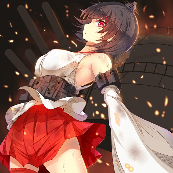 Anime picture 1000x999 with kantai collection yamashiro battleship sts looking at viewer fringe short hair breasts blue eyes black hair red eyes large breasts standing long sleeves traditional clothes japanese clothes pleated skirt wide sleeves girl thighhighs skirt