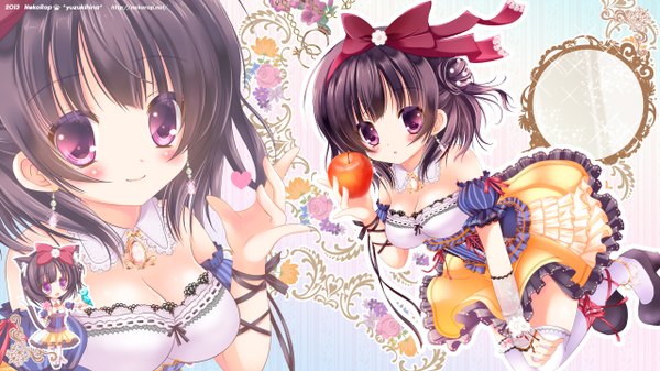 Anime picture 2560x1440 with original yuziki hina looking at viewer blush highres short hair black hair wide image purple eyes bare shoulders girl thighhighs dress flower (flowers) bow ribbon (ribbons) hair bow white thighhighs frills heart