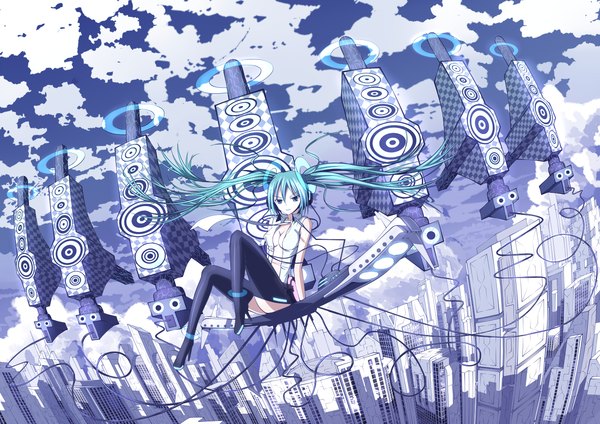Anime picture 1414x1000 with vocaloid hatsune miku langjiao single long hair twintails cloud (clouds) aqua eyes aqua hair girl wire (wires) speakers