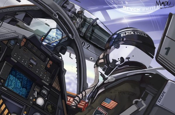 Anime picture 3000x1987 with original madu highres sitting signed sky cloud (clouds) multiple boys text flying english military casing ejection cockpit airplane interior boy uniform 2 boys military uniform suit