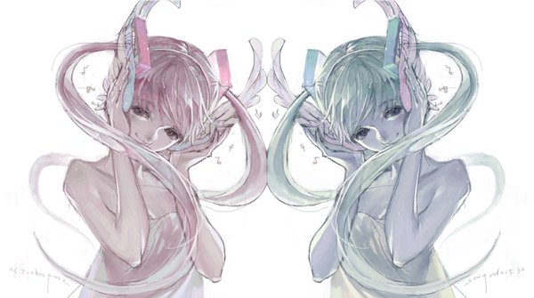 Anime picture 1640x916 with vocaloid hatsune miku cathycat (artist) long hair simple background smile wide image white background twintails bare shoulders brown eyes pink hair green hair girl headphones towel