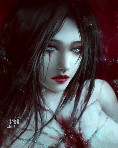 Anime picture 750x942 with nanfe single long hair tall image looking at viewer blue eyes light erotic black hair bare shoulders signed nude realistic lipstick dated pale skin red lipstick sad injury 2015 bloody tears