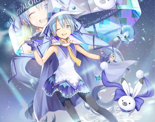 Anime picture 2000x1573 with vocaloid suki! yuki! maji magic (vocaloid) hatsune miku yuki miku rabbit yukine yuki miku (2014) kari kenji single long hair highres open mouth blue eyes smile twintails blue hair very long hair one eye closed wink dutch angle snowing