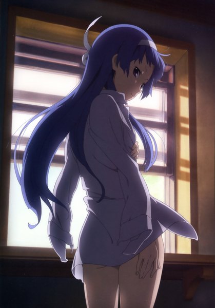 Anime picture 3265x4673 with kannagi nagi (kannagi) single long hair tall image highres purple eyes blue hair absurdres looking back scan girl shirt hairband