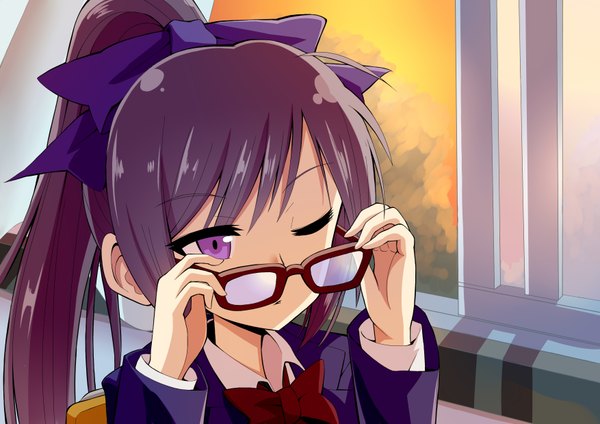 Anime picture 3507x2480 with original givuchoko long hair highres black hair purple eyes absurdres ponytail one eye closed wink girl bow glasses