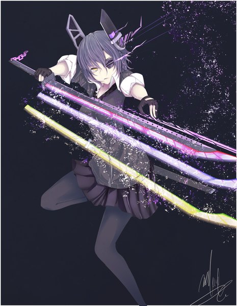 Anime picture 1348x1738 with kantai collection tenryuu light cruiser marumoru single tall image looking at viewer short hair signed yellow eyes purple hair girl skirt gloves weapon miniskirt sword fingerless gloves chain eyepatch
