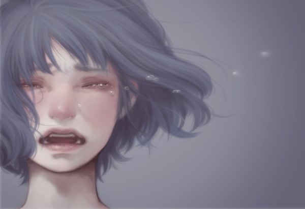 Anime picture 1500x1028 with original oki-ko single blush fringe short hair open mouth simple background blue hair eyes closed grey background teeth tears crying girl