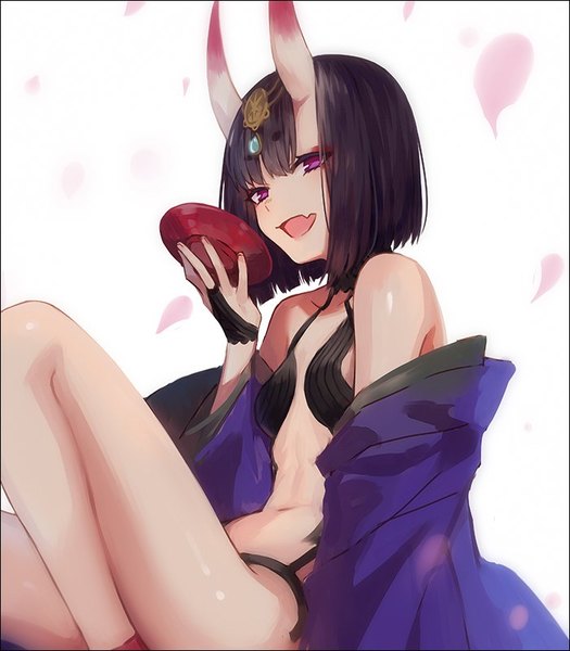 Anime picture 700x800 with fate (series) fate/grand order shuten douji (fate) hakusai (tiahszld) single tall image fringe short hair open mouth light erotic black hair simple background white background purple eyes bare shoulders looking away blunt bangs traditional clothes japanese clothes horn (horns)