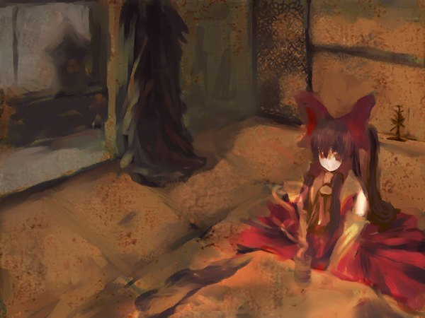 Anime picture 1024x768 with touhou hakurei reimu akn long hair brown hair japanese clothes girl ribbon (ribbons)