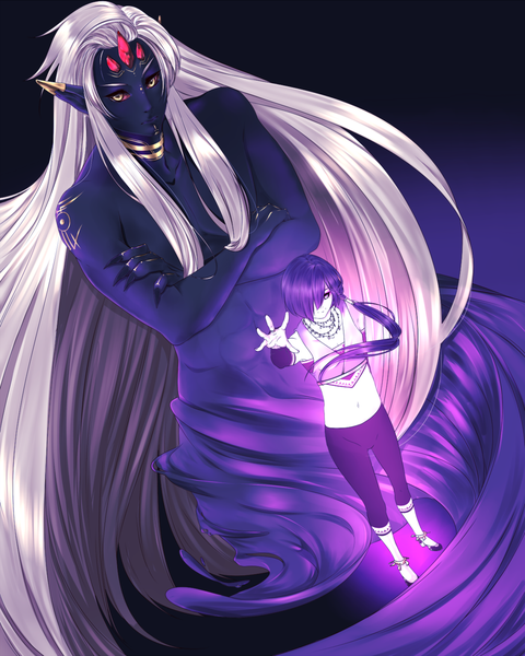 Anime picture 1024x1280 with original yazad misale bahamutia long hair tall image fringe standing yellow eyes purple hair very long hair pointy ears grey hair hair over one eye bare belly outstretched arm dark skin magic side ponytail dark background