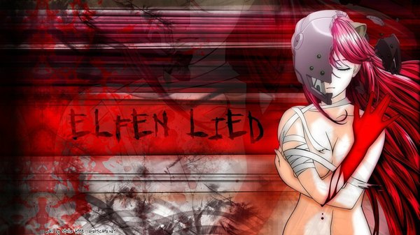 Anime picture 2133x1200 with elfen lied arms corporation lucy single long hair highres light erotic wide image red hair eyes closed girl blood helmet
