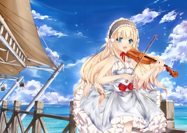 Anime picture 2960x2121 with original hizo (hizoo) single long hair highres open mouth blue eyes blonde hair bare shoulders cloud (clouds) loli girl dress bow headdress violin bow (instrument)