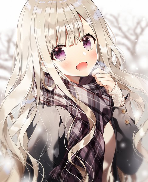 Anime picture 900x1110 with original weri single long hair tall image looking at viewer blush fringe open mouth smile purple eyes silver hair upper body outdoors blunt bangs long sleeves :d arm up wavy hair exhalation