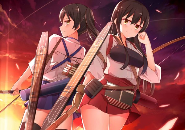 Anime picture 1343x950 with kantai collection kaga aircraft carrier akagi aircraft carrier mmrailgun long hair blush black hair smile twintails multiple girls yellow eyes sky cloud (clouds) traditional clothes profile looking back sunlight evening sunset girl