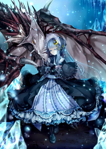 Anime picture 765x1080 with touhou patchouli knowledge momose momo single tall image looking at viewer fringe purple eyes purple hair very long hair alternate costume snowing winter crescent girl dress hair ornament bow hair bow hat