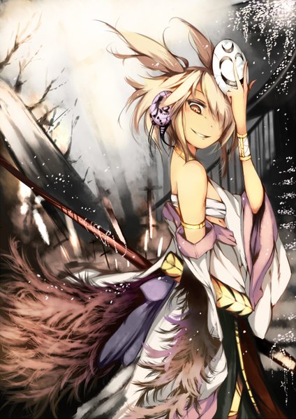Anime picture 2056x2910 with touhou toyosatomimi no miko venomrobo single tall image looking at viewer fringe highres light erotic blonde hair smile yellow eyes hair over one eye wide sleeves alternate costume grin girl skirt detached sleeves bracelet