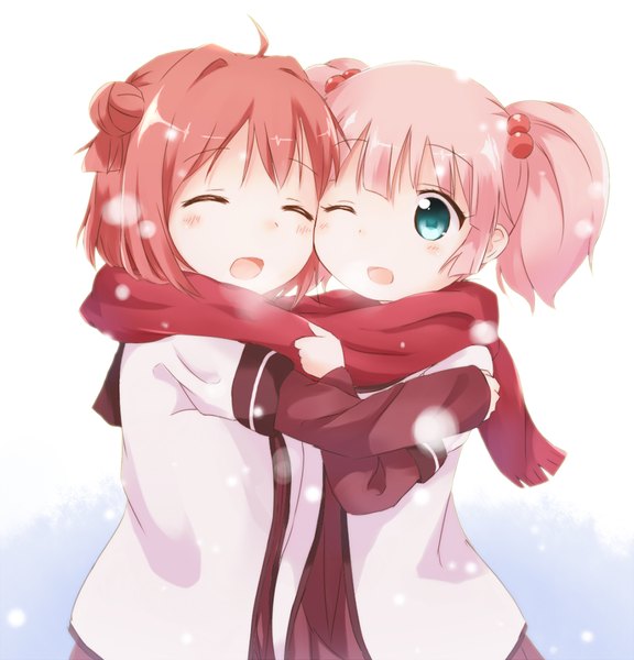 Anime picture 920x957 with yuru yuri doga kobo akaza akari yoshikawa chinatsu araki495 (artist) tall image blush short hair open mouth smile twintails multiple girls pink hair ahoge red hair eyes closed one eye closed aqua eyes wink hair bun (hair buns)