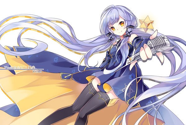 Anime picture 1753x1182 with vocaloid xingchen vilor single looking at viewer fringe highres breasts simple background smile white background yellow eyes ahoge bent knee (knees) very long hair head tilt zettai ryouiki outstretched arm flat chest tress ribbon