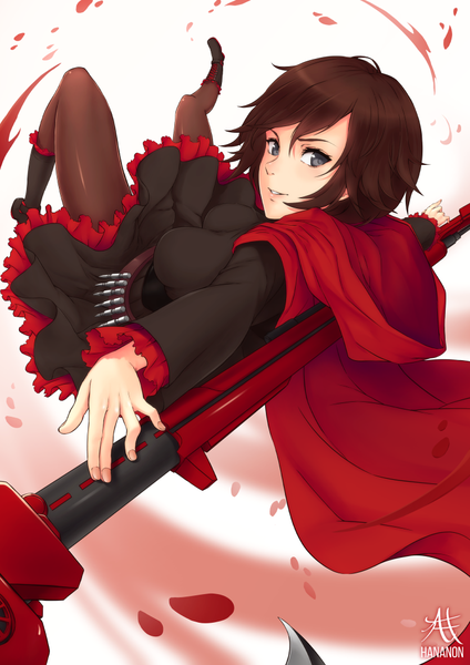 Anime picture 744x1052 with rwby rooster teeth ruby rose hananon single tall image looking at viewer short hair breasts brown hair fingernails black eyes girl weapon pantyhose shoes clothes