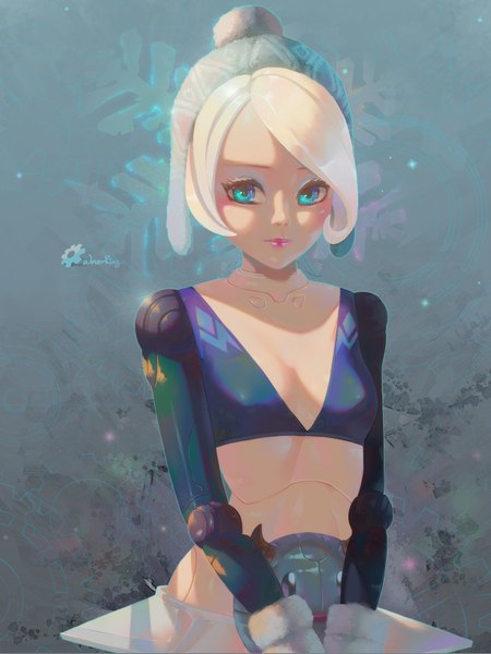 Anime picture 1200x1600 with league of legends orianna (league of legends) waterring single tall image looking at viewer short hair breasts blue eyes blonde hair lips lipstick pink lipstick mechanical girl