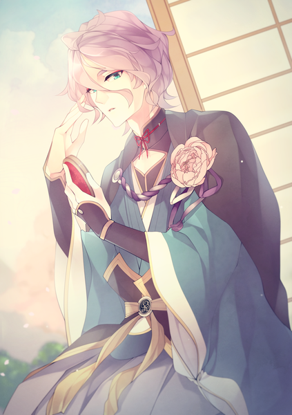 Anime picture 1748x2480 with touken ranbu nitroplus kasen kanesada snovee (ameri) single tall image looking at viewer fringe highres short hair blue eyes sitting purple hair traditional clothes parted lips japanese clothes wide sleeves wavy hair eyebrows eyeshadow