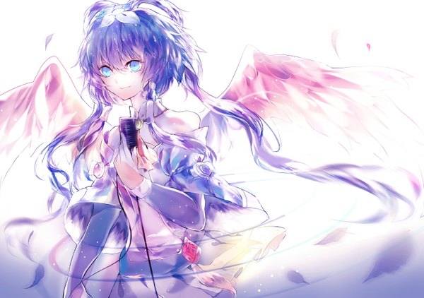 Anime picture 2952x2078 with vocaloid vocaloid china luo tianyi kumata (pinggai) single long hair fringe highres blue eyes smile twintails bare shoulders looking away purple hair hair flower low twintails girl hair ornament flower (flowers) wings